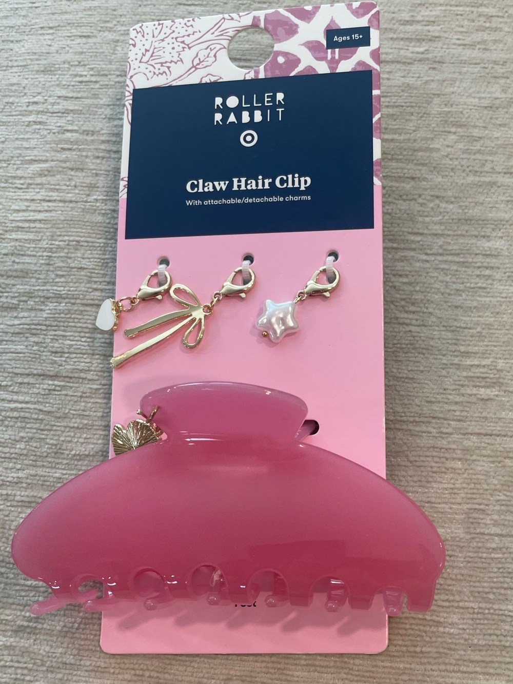 Roller Rabbit Hot Pink Claw Clip with Detachable Gold Charms